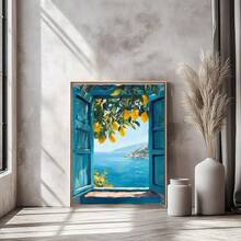 1pc Mediterranean Window View Wall Art Picture Coastal Lemon Tree Prints Canvas Paintings Italian Seaside Landscape Posters Blue Aesthetic Decor For Bedroom, Living Room, Or Apartment Wall Decor Gift For Her Unframed - Multicolor - View 5