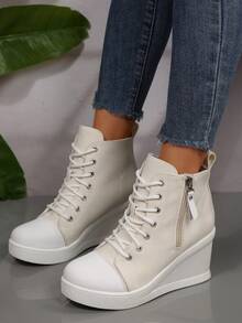 秋冬女士休闲帆布坡跟隐形增高运动鞋 - 白色 - 查看 6