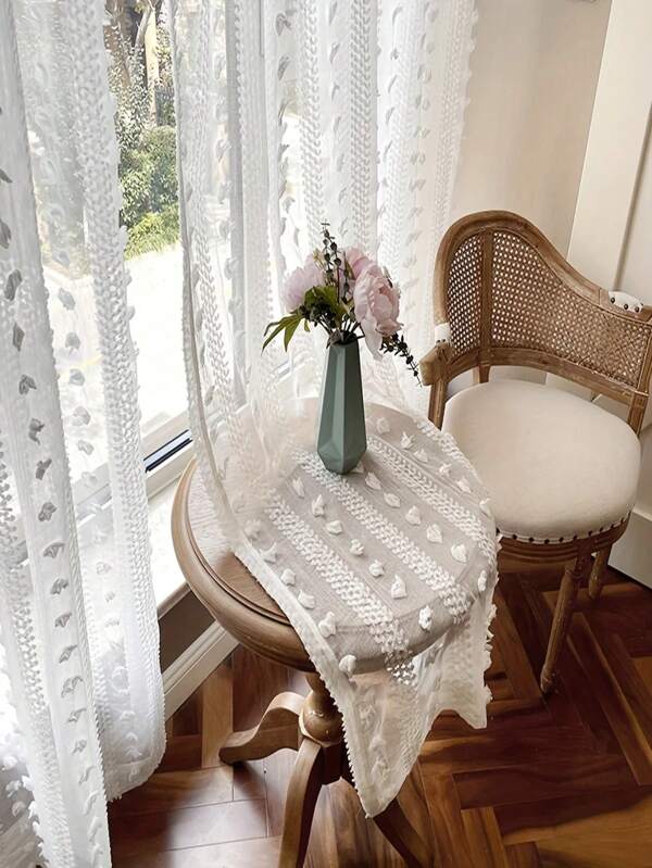 1pc Fluffy Tassel French Countryside White Curtain, Home Decor Voile Curtain, Washable, 7cm Rod Pocket Top For Easy Installation, Romantic Decorative Accent, Suitable For Living Room, Bedroom, Dining Room, Kitchen, Office, Classroom And More