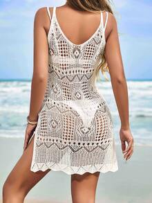 Solid Color Sexy Knitted Side Slit Dress, Beach Vacation Date Wear, Spring Summer Crochet Sheer Cover-Up (Bikini Not Included) - White - View 3