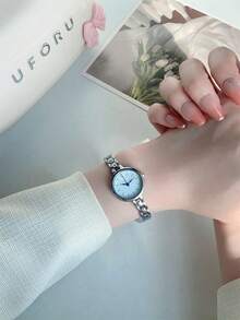 1 件优雅小圆形石英机芯银色调白色表盘女士手表，适合学生/成人/礼物/派对/女士 - 銀色 - 查看 5