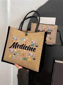 Conjunto de duas peças de linho com bordas amarelas e pretas, com as letras "Med" e estampas coloridas de suprimentos médicos, apresentando um design de nicho de bolsa de lona feminina da moda, bolsa de linho grosso com botões da moda, sacola de compras multifuncional, presente de agradecimento, design inovador, grande capacidade, presente personalizado para aniversários de casamento e de amigos, adequado para férias, vida cotidiana, passeios e compras de supermercado.