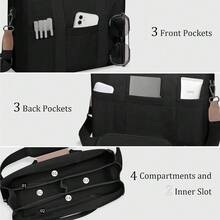 Bolso de lona con múltiples bolsillos para mujer, elegante y espacioso bolso bandolera, duradero, de gran capacidad, versátil, con cómoda correa de hombro y compartimentos organizados. - Negro - Ver 2