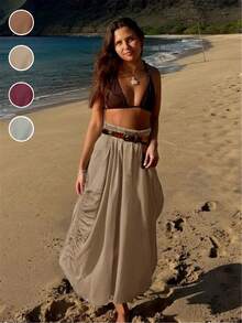 Women Casual Boho Drawstring Side Pocket Loose Bohemian Long Skirt, Vacation Outfits - 卡其色 - 查看 6