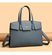 Large PU Tote Bag In Urban Minimalist Style - JH - 612 - Spring 2025 Collection - Available In Black, Misty Blue, Red, Earthy Brown, Beige, Burgundy With Stitching & Embossing - Daily Matching - Dusty Blue - View 7