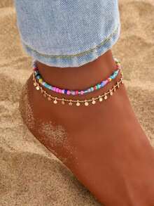 GARMEND 2pcs/Set Fashionable Minimalist Rice Bead Round Pendant Beach Style Anklet Set - Multicolor - View 1