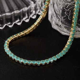 1 stuk dames tennisketting, elegante en luxe stijl met turquoise ronde koperen ingelegde synthetische zirkonia steen, geschikt voor dagelijks gebruik, als cadeau voor koppels en voor de feestdagen