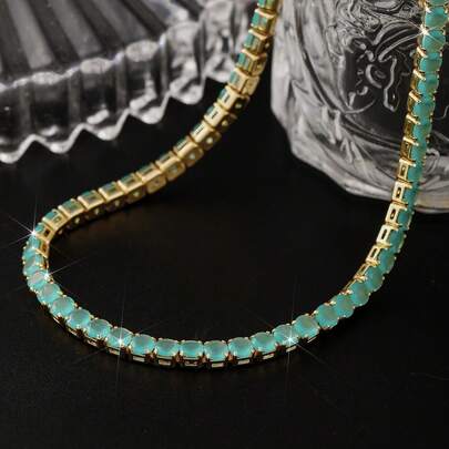 1 st tennishalsband för kvinnor, elegant och lyxig stil med turkos rund koppar inbäddad syntetisk zirkoniasten, lämplig för vardagsbruk, par och högtidsgåvor