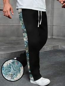 男士直筒休闲裤，花卉提花侧片，秋季 - 黑色 - 查看 3