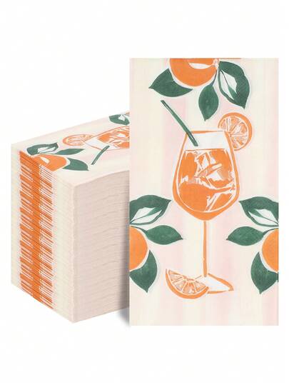 20pcs/40pcs/60pcs/Set Soft 2-Ply Oblong Napkins With Handpainted Orange Lemon Cup Floral Pattern, Unfolded Size: 33cm X 40cm, Suitable For: Wedding, Tea Party, Birthday Party Decoration, Party Decor, Party Supplies, Holiday Decoration, Holiday Supplies