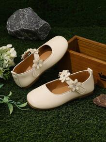 1 Pair Girls Adjustable Floral Design Flat Shoes, Round Toe, TPR Anti-Slip Sole, Comfortable & Lightweight, Suitable For 5-14 Years Old Girls, For School, Party, Dance And Casual Wear, All Seasons