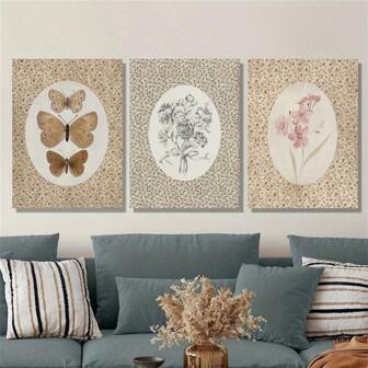 1 Stück/3 Stücke Vintage-Schmetterling rosa Blumen botanisch florales Wandkunstdekor Poster abstrakte Leinwanddrucke Malereien für Wohnzimmer Schlafzimmer Zuhause Büro Studentenwohnheim Dekor Wandhintergrundgestaltung gerahmt/ungerahmt