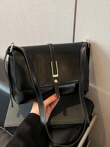 时尚休闲纯色方形翻盖挎包（不含配件），适合大学/学院课堂、通勤、工作、办公室、节日、假日、聚会、旅行，专为女性设计 - 适合职业女性、白领、青少年、大学生和年轻女孩 - 黑色 - 查看 4