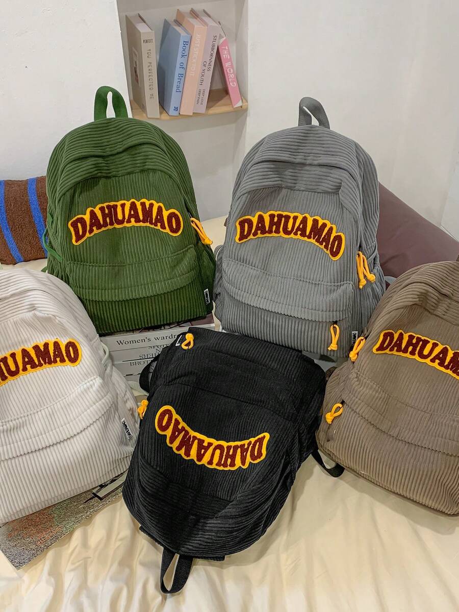 1 Pc New Style Girls' And Boys' Solid Color Letter Print Corduroy Backpack, Spacious Capacity, Adjustable Straps, Zipper Closure, Fashionable And Casual For School, Outdoor Activities, Travel, And Friend Gifts - A - View 1