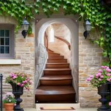 2D Door Plaque, 1Pc Polyester Elegant Staircase Themed Door Panel - Polyester, 70.8"X35.4", Corded, Comfortable Cafe Style Door Sign With Stone Arch And Wooden Staircase Design, Suitable For Home Indoor Decor, Multi-Purpose Great For Housewarming, Graduation, Retirement Party, Confirmation, Bachelor Party And Holidays Like Easter, St. Patrick's Day, Ramadan, Seasonal Home Decor.