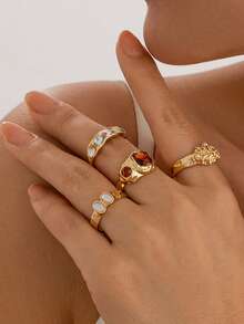 Four Rhinestones Decorated Rings With A Retro And Fashionable Metal Material Are Perfect For Daily Vacation Parties And Holiday Gifts - Multicolor - View 2