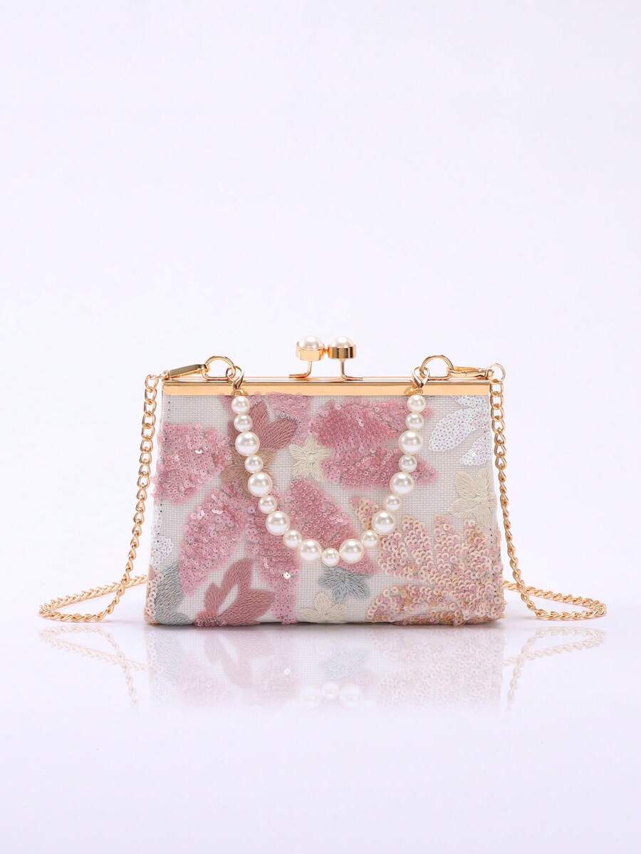 Queen Head Pearl Decorated Clip-Top Handle Bag For Women