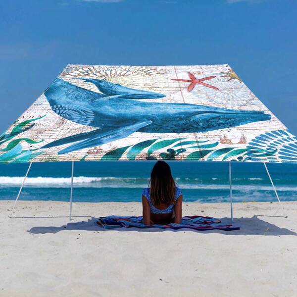 1 pezzo Tenda a baldacchino a tema vita marina, facile da creare un'area relax confortevole, stile cartone animato marino, 100% poliestere, forma rettangolare, impermeabile, antiradiazioni UV, resistente al sole, per giardino all'aperto, patio, spiaggia, ombra estiva, inclusi cavi in nylon gratuiti