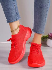 Women's Fashion Bohemian Style Round Toe Knit Lace-Up High Elastic Breathable Non-Slip Casual Sneakers - Rose Red - View 3