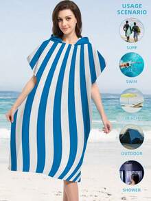 1pc Striped Printed Wearable Hooded Robe - Super Soft Microfiber Cartoon Beach Pattern, Suitable For Boys, Girls, Couples As Beach & Home Decor, Couple Capes | Microfiber Bath Robe - Multicolor - View 2