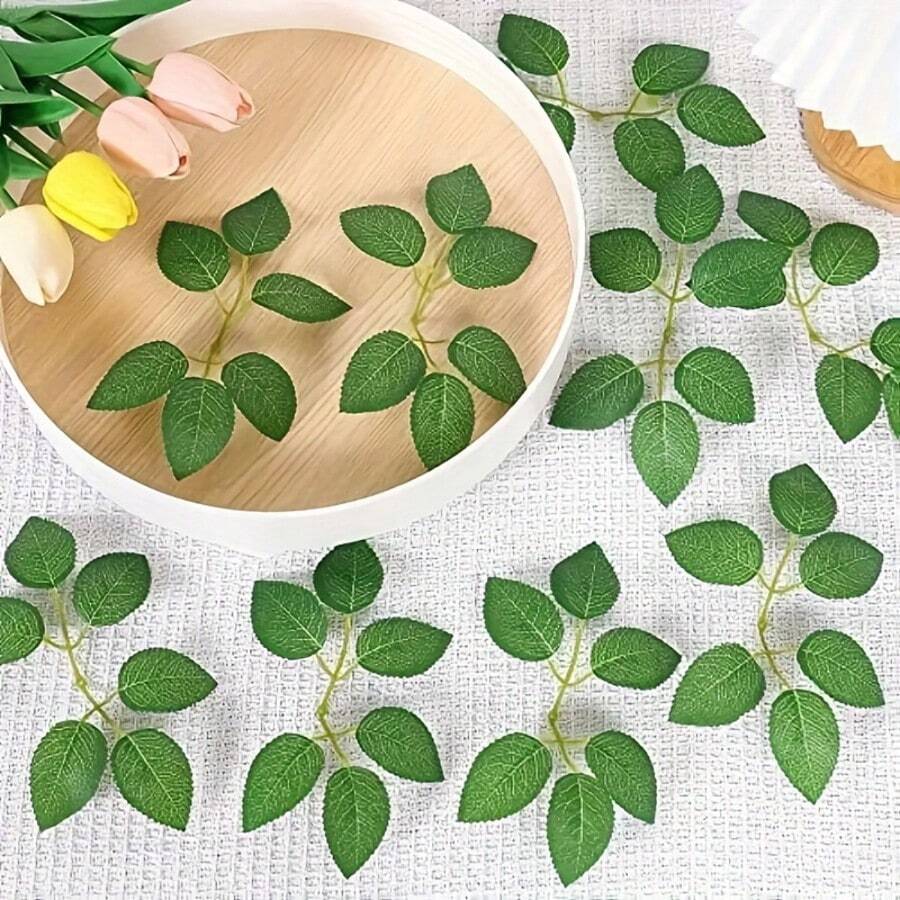 60/300 片玫瑰人造叶，50 片小六叶装饰性绿玫瑰叶（带茎），适用于 DIY 婚礼花束和宴会装饰、玫瑰藤蔓花环用品、室内装饰叶、礼品盒和花头装饰、假植物