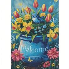 2D Hanging Banner, 1pc Welcome Spring Summer Garden Flag, Double-Sided Polyester Burlap Outdoor Banner, Multipurpose Home Garden Decor, 12x18 Inch, With Flower Pot And Bird Design, No Electricity Needed, Outdoor Yard Decoration