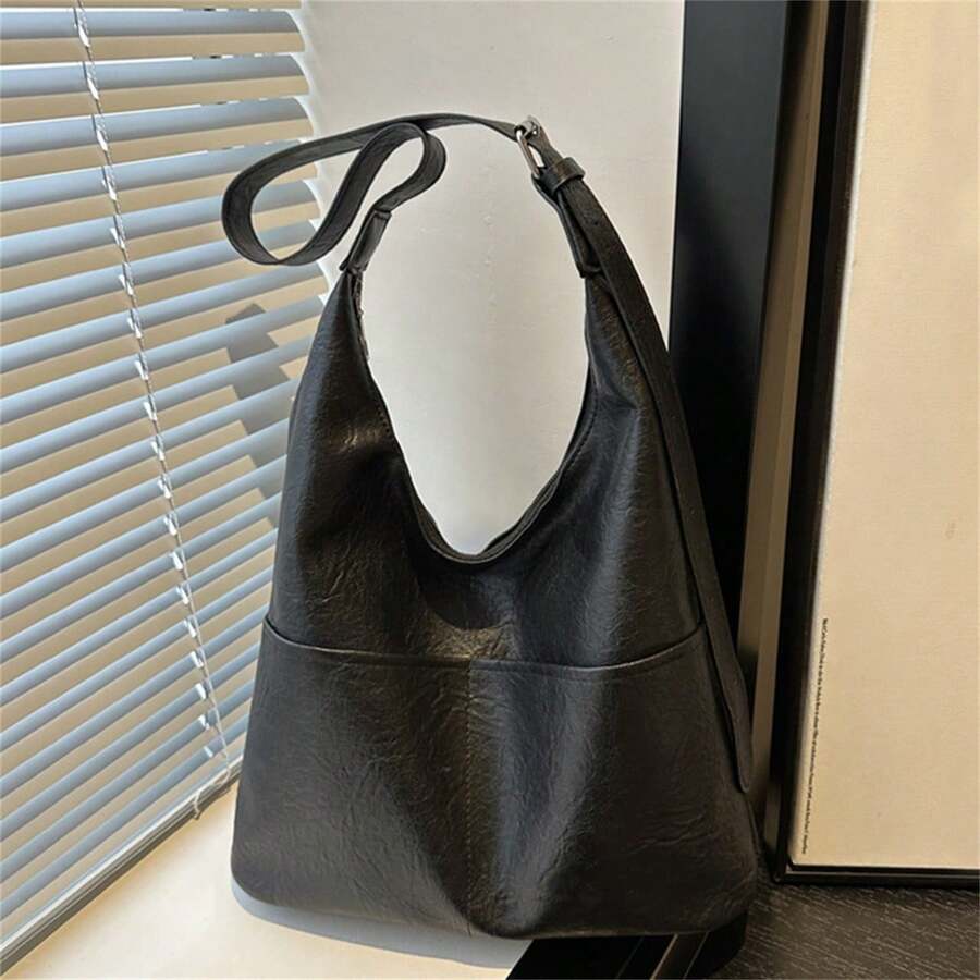Bolso bandolera para mujer, con múltiples bolsillos, correa ajustable, de piel sintética, cierre de cremallera. - Negro - Ver 1