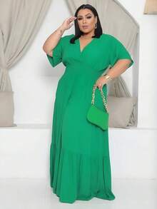 Plus Size Long Dress V Neck Short Sleeve - Green Flag - View 3