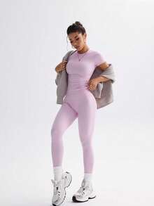 FWH 1. 可爱纯色露脐上衣，弹力修身圆领甜美时尚百搭外套，优雅高腰显瘦休闲收腹日常基础款舞蹈服拉长腿部线条提臀街头跑步瑜伽两件套，春夏款 - 淺粉色 - 查看 4