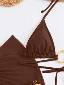 三件套女士情人节芙蓉红泳装，适合夏季从泳池边到海滩的各种场合，包括基本款优雅比基尼、花卉装饰罩衫、沙滩裙、复活节、假日服装、外出上衣、约会之夜服装、所有女士服装、秋季度假服装。 - 咖啡棕 - 查看 4