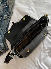 时尚休闲纯色方形翻盖挎包（不含配件），适合大学/学院课堂、通勤、工作、办公室、节日、假日、聚会、旅行，专为女性设计 - 适合职业女性、白领、青少年、大学生和年轻女孩 - 黑色 - 查看 7