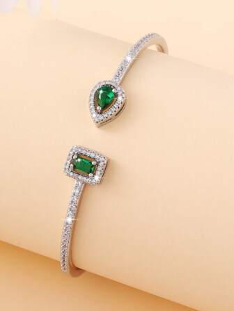 1pc Open Bangle Bracelet, Fashion Minimalist Water Drop Square Design, Micro-Inlaid Zirconia Copper, Daily Wear & Valentine's Day Gift