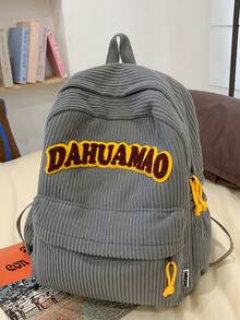1 Pc New Style Girls' And Boys' Solid Color Letter Print Corduroy Backpack, Spacious Capacity, Adjustable Straps, Zipper Closure, Fashionable And Casual For School, Outdoor Activities, Travel, And Friend Gifts - A - View 4