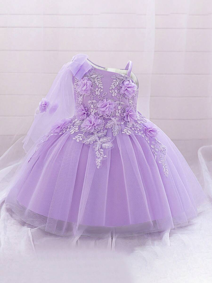 Baby Girls' Bowknot Floral Mesh Cute Birthday Princess Dress For Party Flower Girl, Fabric & Floral Pattern Randomly Cut, Headband Not Included - Mauve Purple - View 1