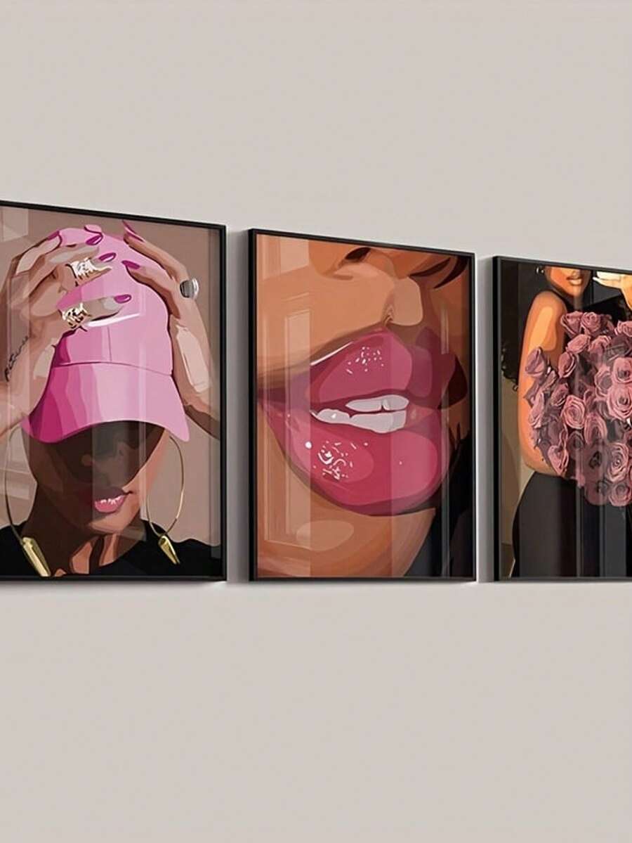 Bộ 3 tranh treo tường bằng vải canvas Glamour - Phong cách Art Deco hiện đại & Áp phích thời trang cho bé gái, Tranh in nghệ thuật mực không khung cho phòng khách, phòng ngủ, phòng ăn - Trang trí trong nhà & ngoài trời - Nhiều màu - Xem 1