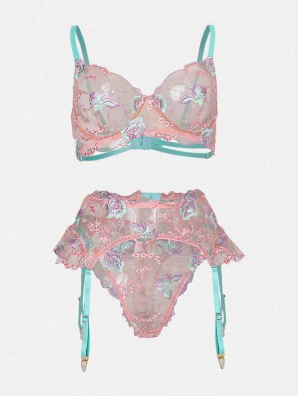 Sexy lingerie voor dames met borduurwerk, doorschijnende mesh en jarretelbeha, set van 3