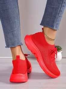 Women's Fashion Bohemian Style Round Toe Knit Lace-Up High Elastic Breathable Non-Slip Casual Sneakers - Rose Red - View 5