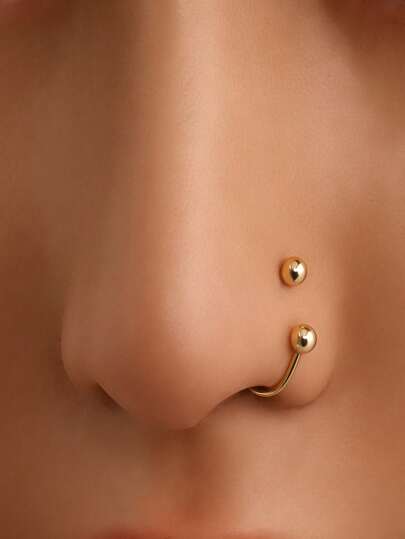 1 Piece Of Sterling Silver S925 Double Bead U-Shaped Nose Ring/Nose Ornament/Gold Mouth Ring/Silver Nose Ring/Lip Ring/Ear Helix/Tragus Ring(The Size Can Be Adjusted)(With Jewelry Box)