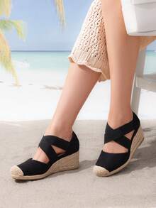 Womens's Wedges Sandals Close Toe Espadrilles Platform Slip On Elastic  Cross Straps Dressy  Black Sandals Matching Dress - 黑色 - 查看 4