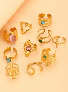 1 pieza Anillo de acero inoxidable con flor dorada y forma de corazón con gema falsa, apto para uso diario para mujeres