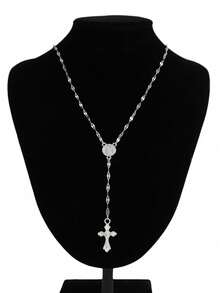 1pc Premium Fashion Elongated Chain Exquisite Cross Pendant Necklace, Silver Color, Versatile For Any Occasion, Perfect Holiday Gift - Silver - View 3