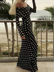Damen jugendlicher, modischer, romantischer, eleganter lang geärmelte klassische Polka Punkt Muster Off-Shoulder texturiertes Häkel-Design langes Polka Punkt Kleid