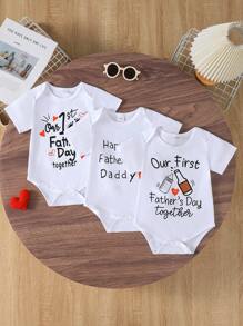 3pcs/Set Newborn Infant Casual Cute Father's Day Letter & Cartoon Print White Romper Suit, Summer