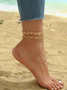 2pcs/Set Simple & Classic Golden Chain Anklets, Versatile & Fashionable Women Foot Jewelry Suitable For Daily Wear, Beach, Handcrafted & Customizable Length - Multicolor - View 1