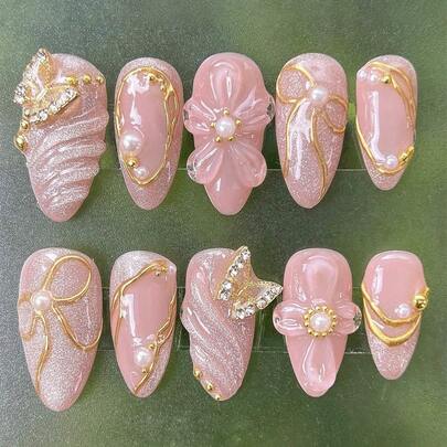 可爱 Y2K 芭蕾甜美风格 10 件短杏仁形纯手工 3D 树脂水钻蝴蝶结和星星设计按压式指甲贴，适合日常、约会、下午茶、外出按压式指甲美甲用品