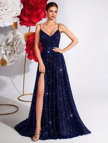 ADYCE 女士优雅亮片吊带V领高腰开衩A字裙，露背吊带及地派对礼服，适合舞会、生日派对、晚宴、约会、返校节派对、婚礼宾客、正式晚宴、家庭聚会、节日、情人节等场合。 - 藏蓝色 - 查看 8