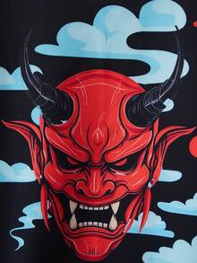 Japanese Fashion Demon Print Kimono Cover Up, Creative Street Style Cosplay Beachwear Cover Up For Summer Holiday - Black - View 3