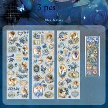 3pcs 3D Foil Stickers, Retro Figures & Floral, Scrapbooking Stickers Decor, Stunning,School Supplies,Back To School