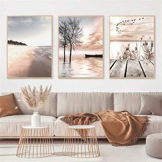 1 幅/3 幅现代海滨沙滩湖景墙面装饰海报日落风景帆布墙面艺术印刷品简约画作适用于客厅卧室家庭办公室宿舍装饰墙面背景设计画带框/无框