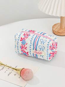1PC Blue Striped Flower Makeup Bag, Quilted Portable Toilet Bag, Makeup Bag, Large Capacity Storage Bag, Suitable For Wallet, Lipstick, Sanitary Napkins, Pads, Coins, Keys, Earphones, Earphones And Accessories, Travel Storage Bag, Earrings, Bracelets, Necklace, Glasses, Sunglasses, Suitable For Women, Girls, Teenagers, Candy, Nurses, Female Students, Students, Gifts. Cosmetic Bag